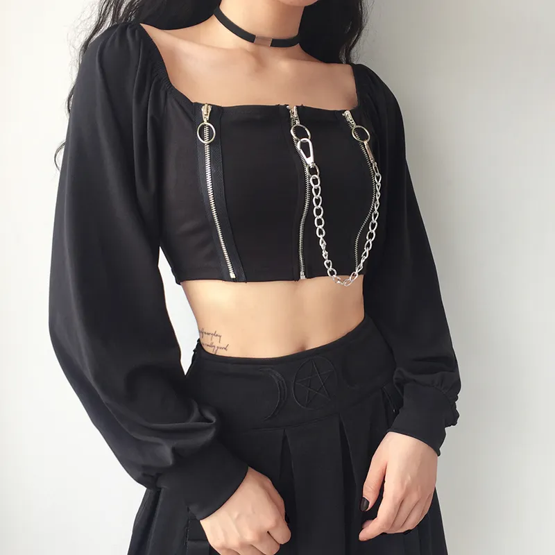 ITOOLIN Women Y2k Chains Tees Dark Black Gothic Zipped Top Sexy Off Shoulder T shirts Clubwear Long Sleeve Crop Tops Knit 220714