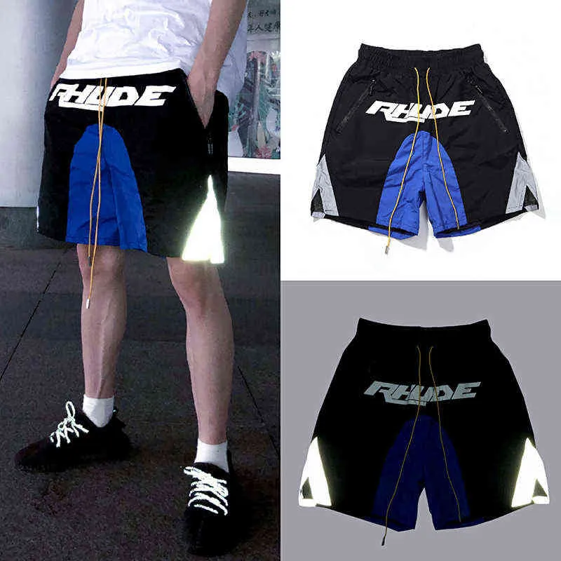 Black Rhude Colorblock Reflective Panel Print Shorts Street Mens and Womens Casual Drawstring