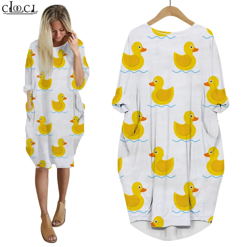 Femmes robe mignon petit canard jaune 3D jupe ample à manches longues fille robes décontracté poche robe femmes robes W220616