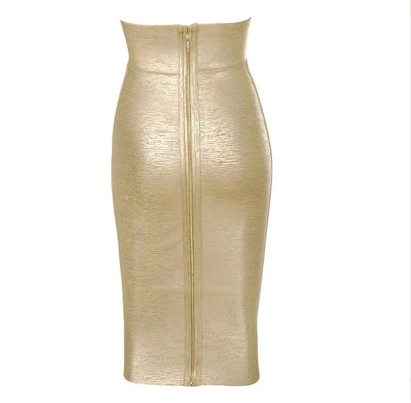 est Women Summer Fashion Sexy Gold Bronzing Midi Bandage Skirt Knitted Sweet Lady Bodycon Designer Pencil 68cm 220317