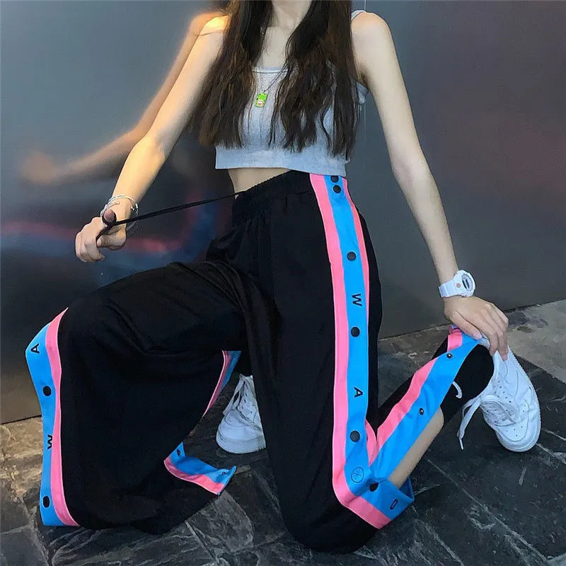 Sommer-Breasted Slit Straight Color Matching Stitching Pants Basketball-Training SporthoseLoose Wide Leg Casual 220325