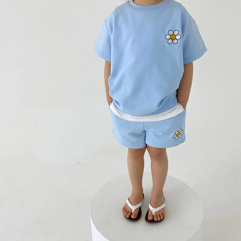Summer Toddler Baby Boys Girrls Clothes Sets Cartoon Flower Printed Short Sleeve Tops + Kid Cotton Casual Shorts Set 220507