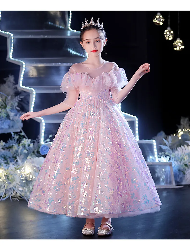 2122 Rosa flor menina vestidos para casamento lantejoulas laço Floral apliques saias em camadas meninas pageant vestido crianças festa de aniversário vestidos de aniversário
