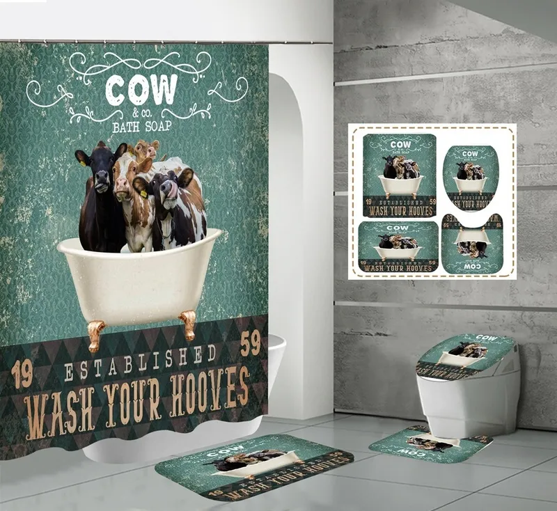 Funny Cow Rustic Wagon Wheel Fabric Shower Curtain Country Flower Farm Cute Animal Wooden Farmhouse Bathroom Decor Bath Rugs Mat 220429