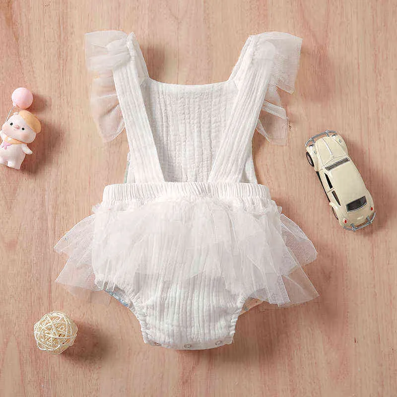 0-24 månader baby flickor bomull romer broderad blomma mönster ärmlös backless lapptäcke tyll sling bodysuit dagligen slitage g220521