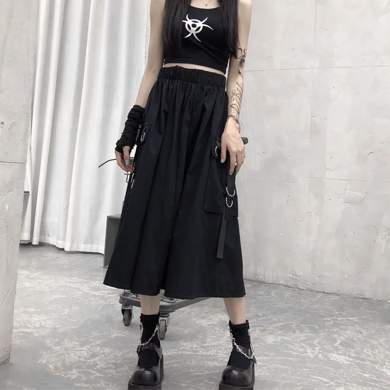 Saias de carga de cintura alta gótica Mulher harajuku solto aline bolso aline midi saia preta longa hip hop moda streetwear super times 220701