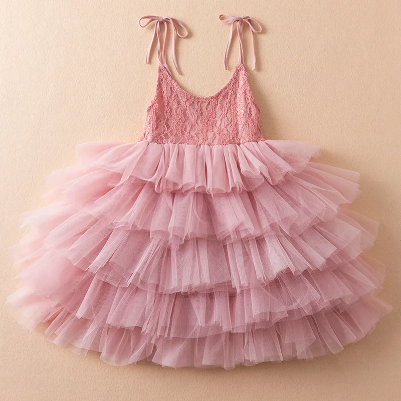 Little Girls Summer Dress For Kids Princess Birthday Party Gown Lace Sling Tutu Wedding Children Dresses Vintage Floral Clothes 220426