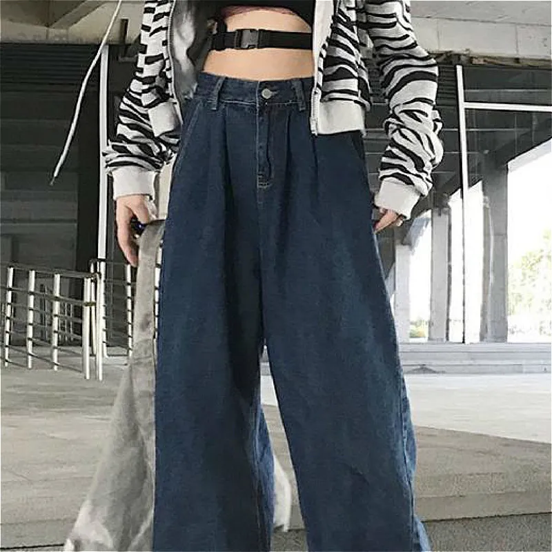 Jeans Femmes Bleu Vintage Baggy Allmatch Harajuku Style Japonais Taille Haute Petit Ami Unisexe Pleine Longueur Printemps Pur Streetwear 220815