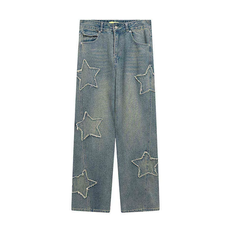 Harajuku Stars Embrodiery Distressed Retro Casual Denim Trousers Straight Loose Pockets Streetwear Oversized Jeans Pants T220803