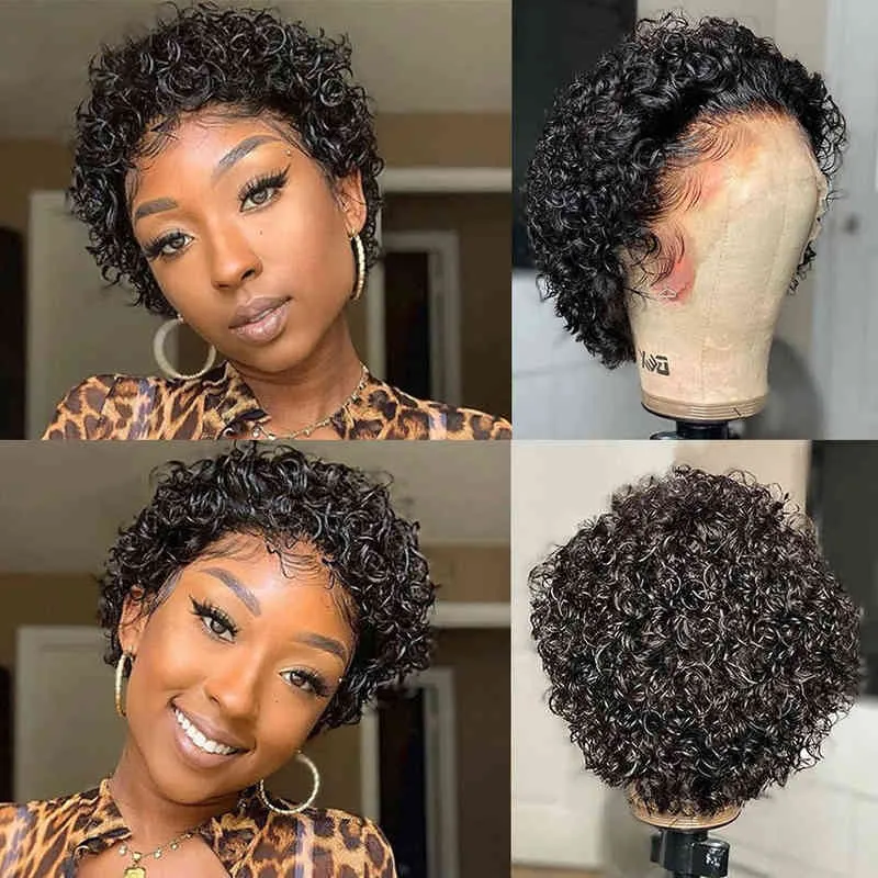 Curly Short Bob Lace Wigs Pixie gesneden Peruaanse mensenpruik voor zwarte vrouwen Dichtheid 150% Water Wave Remy Virgin 220713