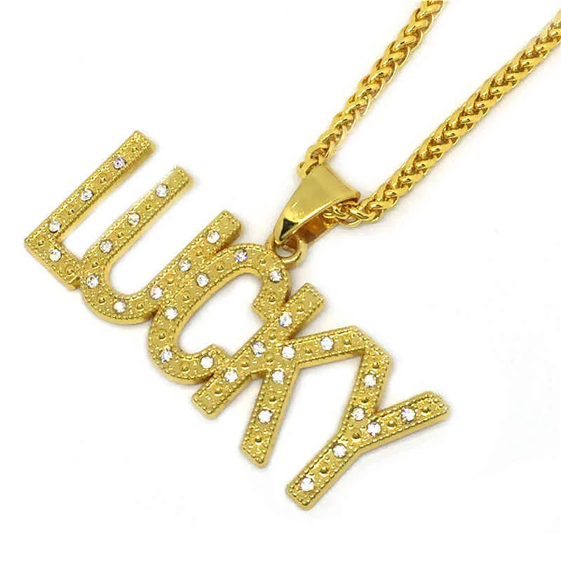 Crystal Letter Lucky Pendants Necklaces Golden Bling Jewelry Gifts Men Women Hip Hop Charm Rhinestone Chains Good Luck