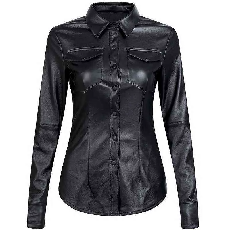 2021 Autumn High Street PU PU Camisa feminina Mulheres sólidas Blusa de couro Faux Botão vintage Tops Office Ladies Blusas feminina Camiseta Mujer L220728