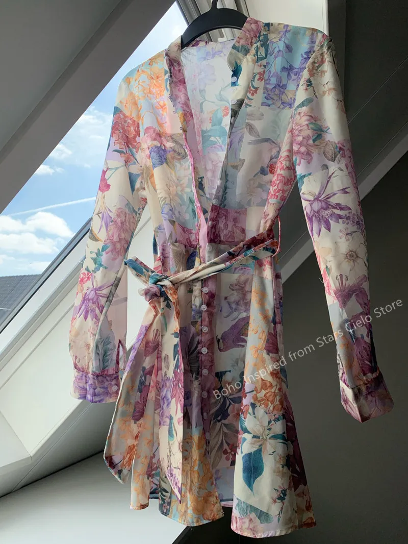 Boho ilham çok renkli çiçek baskı yaz elbisesi kadın düğmeleri aşağı kuşak uzun kollu kadın elbise zarif bayanlar 220713