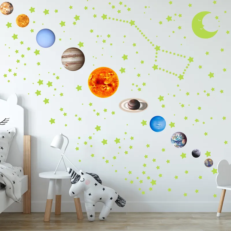 Zollor em boxe luminoso nove planetas adesivos de parede quarto quarto sala de estar de fluorescência Estrela da lua adesivos decorativos 220727