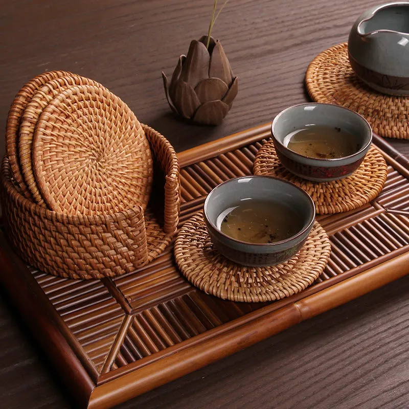 6st Drink Coasters Set for Kungfu Tea Accessories Round Table Product Placemat Dish Mat Rattan Weave Cup Pad Diameter 8cm 220627