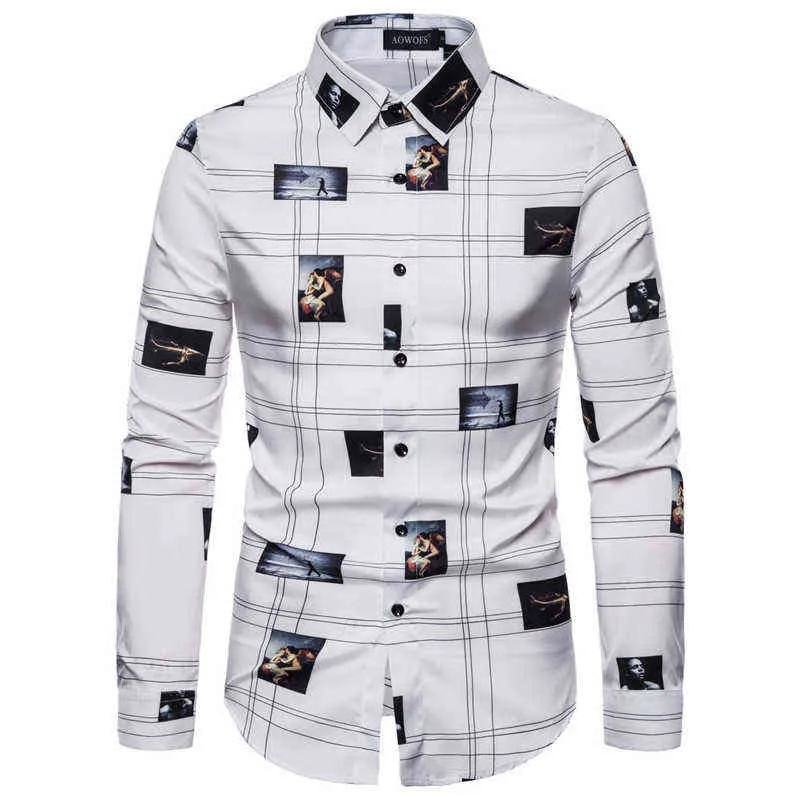 Moda de moda masculina Casual de manga longa camisa impressa Slim Fit Men Social Business camisa marca masculina Camisa Social Masculina L220704