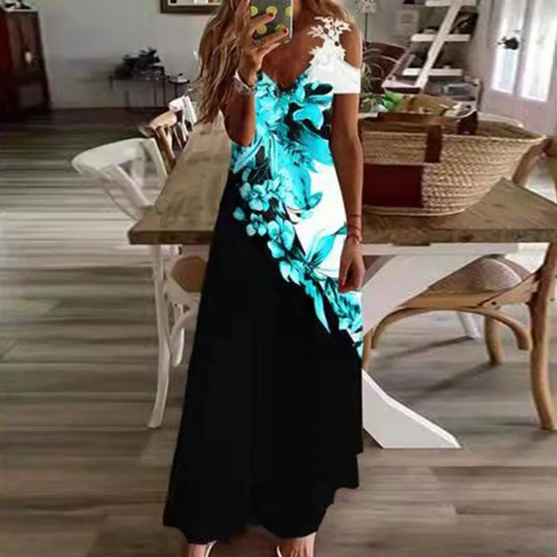 Женское летнее платье в богемном стиле Maxi Dres с вырезом и коротким рукавом, платье трапециевидной формы, женское пляжное платье длиной до щиколотки, платья de fiesta 220601