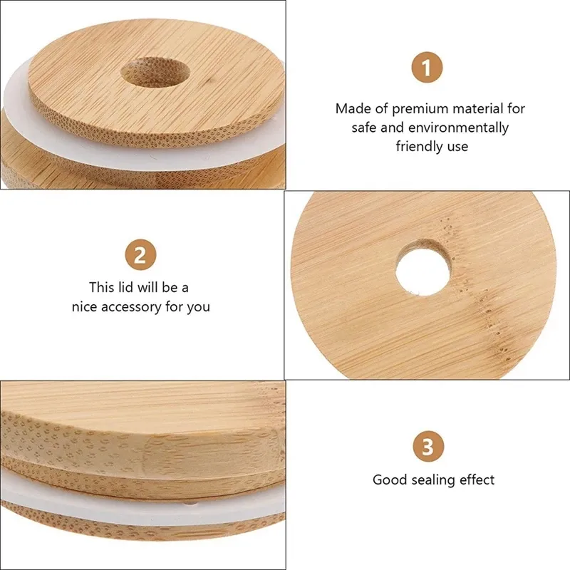 70mm/86mm 대나무 나무 메이슨 항아리 뚜껑 밀짚 구멍 실리콘 씰 링 넓은 마우스 컵 커버 캡 sxmy18