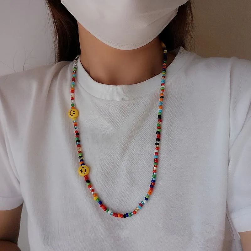 Pendant Necklaces Colorful Beads Cartoon Smile Mask Chain Necklace For Women Girl Multifunction Anti-lost Strap Lanyard Holder Jew204a