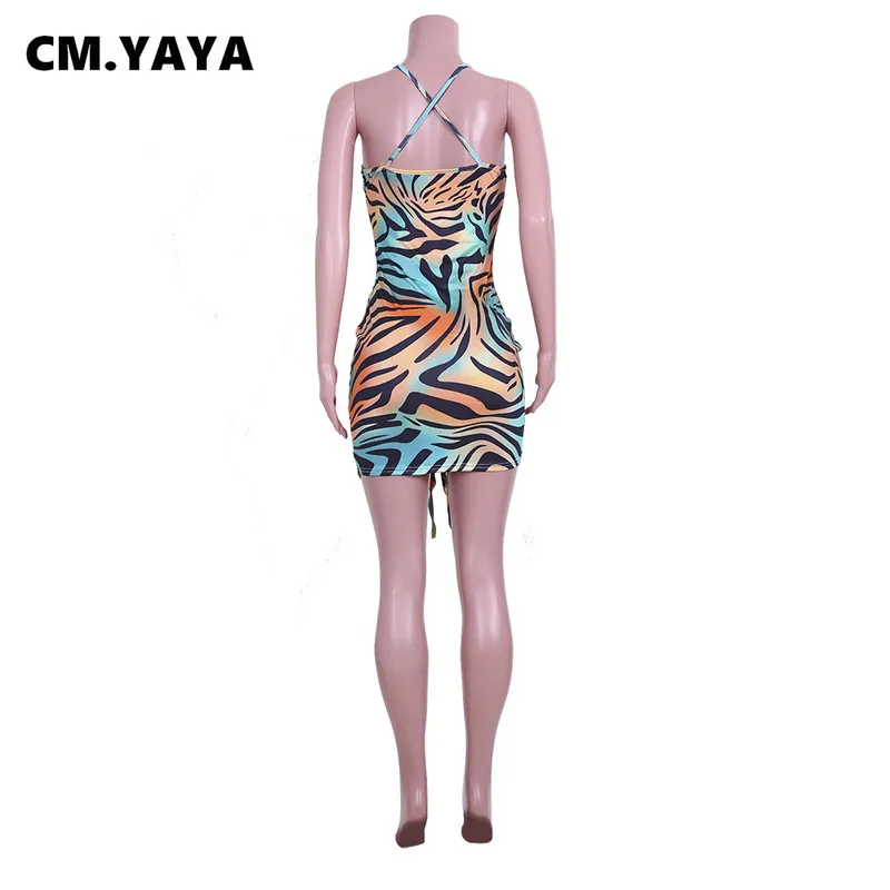 CM.YAYA women dress print spaghetti strap v-neck sheath elastic shirring mini dresses sexy night club party dress summer outfit 220516