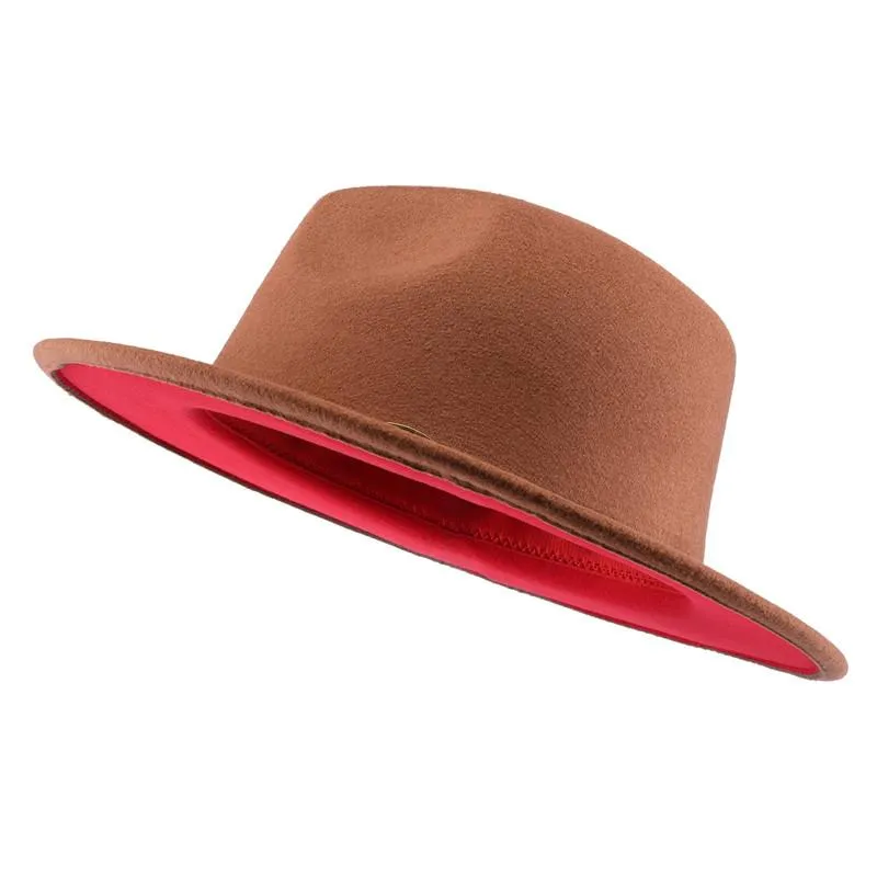 Chapéus de borda larga Jovivi moda dois tons fundo vermelho panamá trilby boné lã feltro fedora chapéu casual jazz para homens mulheres largas pros22301h