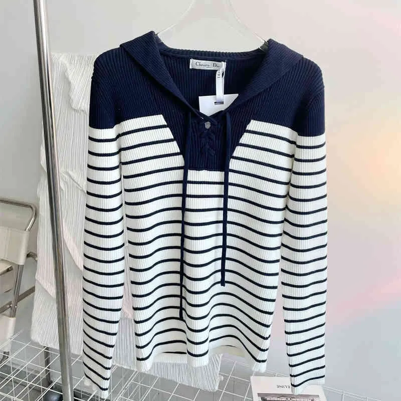 2022 spring and Autumn New Women's clothing sailor Navy Cape V-neck lace up striped knitted bottomed sweater