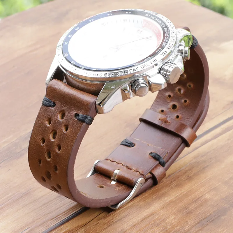 Bande de montre en cuir véritable rétro 18 mm 20 mm 22 mm 24 mm velours de montre de montre poreuse, couture à la main pour hommes 2204124039506