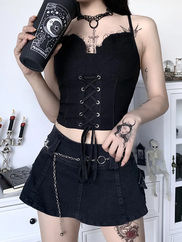Insgot Sexy Bandaż Camis Kobiety Gothic Black Spaghetti Pasek Backless Bodycon Crop Tank Tops Kobiece Vintage Camisoles Lato 220407