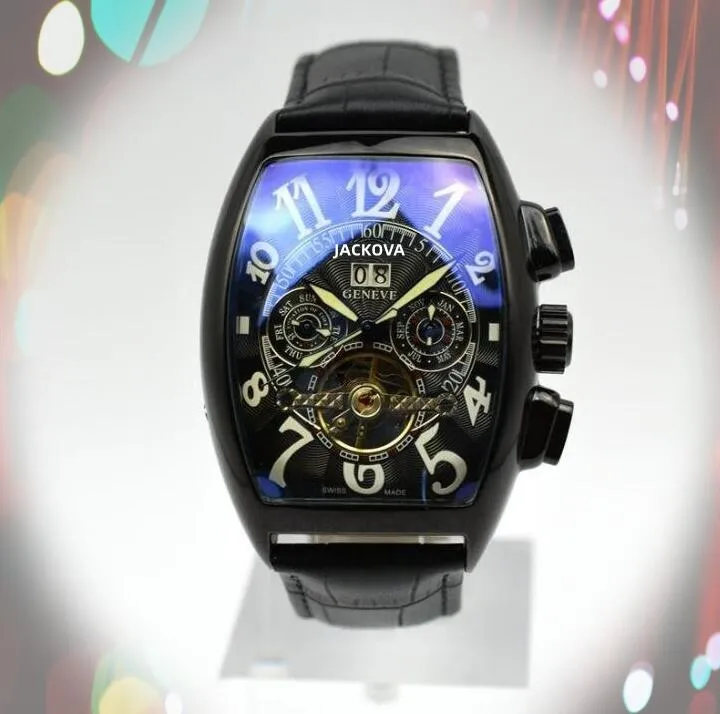 Genève bracelet en cuir de luxe tourbillon mécanique hommes montre 45mm jour date squelette automatique hommes montres cadeaux de haute qualité exquisi235g