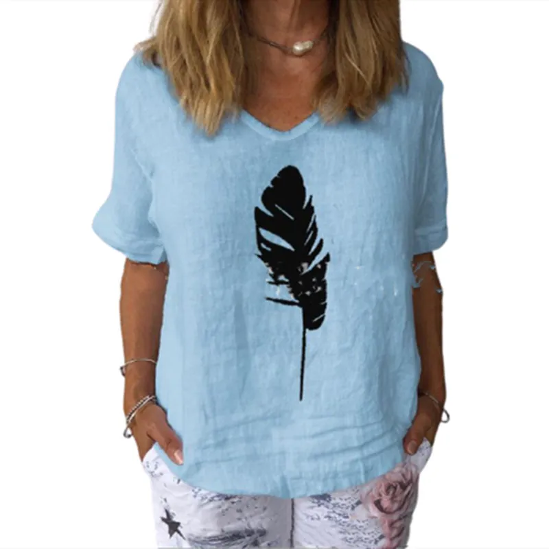 T-shirt da donna in cotone e canapa bianca con stampa di piume di moda T-shirt estiva casual con scollo a V manica corta maglietta grigia da donna 220511