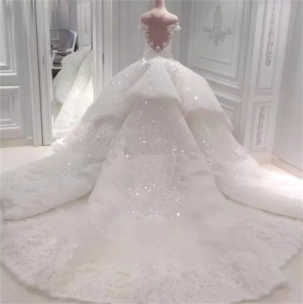 Luxe prinses trouwjurken gezwollen grote trein tule kanten kristal echte foto bruid jurk op maat gemaakt gemaakt