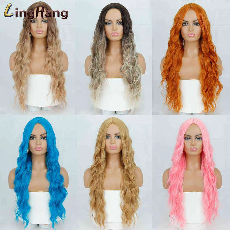 Cosplay Long Hair Water Ripple Without Bang Orange Pink Blue Synthetic Wig Fiber Heat Resistant Suitable for Ladies 220622
