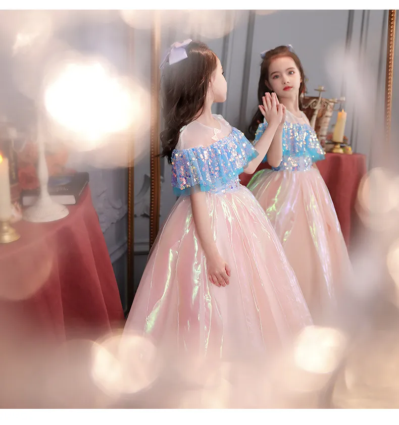 青いピンクの花の女の子ドレス安い小さな女の子のコミュニケーションページェントガウンスコーポーティングロングプリンセスパーティーの誕生日フォーマルプロムウェディングドレス