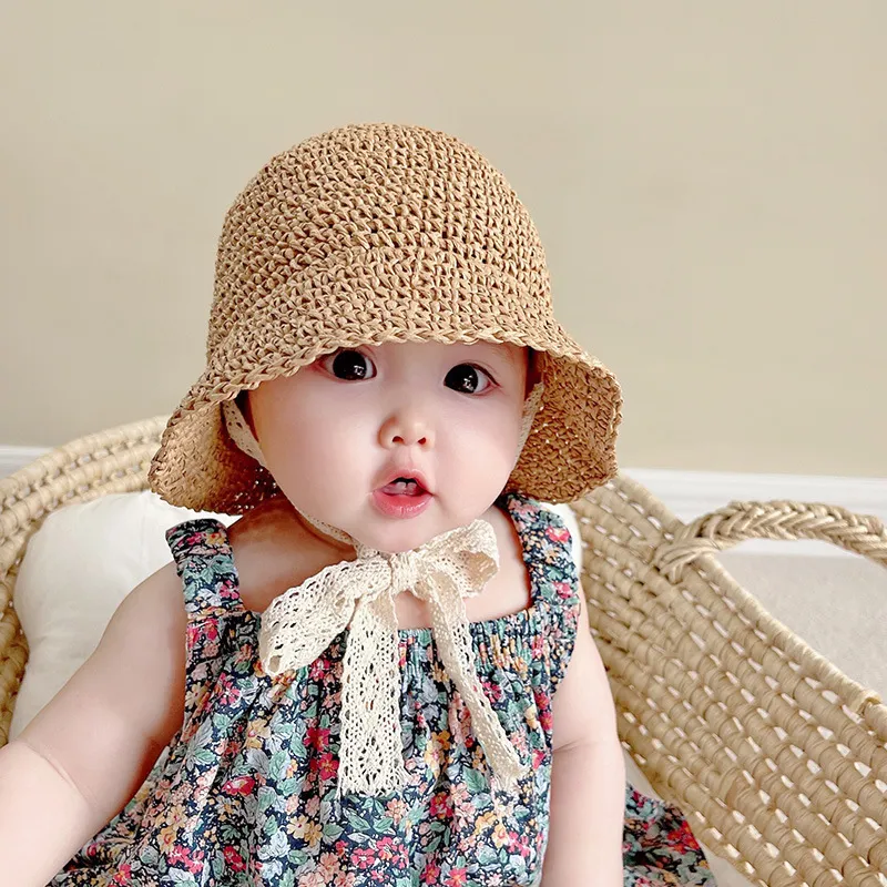 Topi Bayi Musim Panas Jerami Perempuan Panama Anakanak Pita Pantai Berenda Mode dan Putri Anak 220611