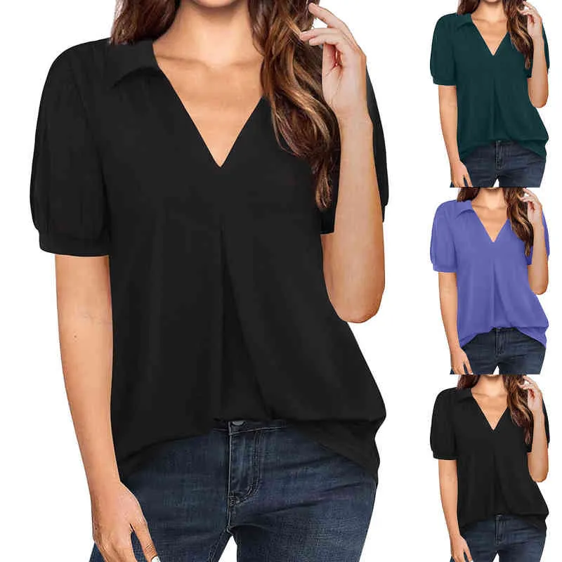 Ladies Summer Casual Chiffon Blouse Solid Color Stand Collar Short Sleeve Chiffon Shirt Short Sleeve Blusas Female V Neck Tunic L220706