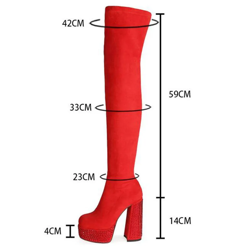 Rontic Women Spring Ligh Boots Crystal Unisex Faux Suede Block Heels Square Toe Gorgeous Red Party Shoes US Storlek 5-13