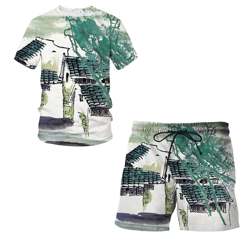 3d Çin fırça boyama erkek tişört şort plaj setleri yaz nefes alabilen moda kısa kollu erkek gündelik sokak takım elbise 220624