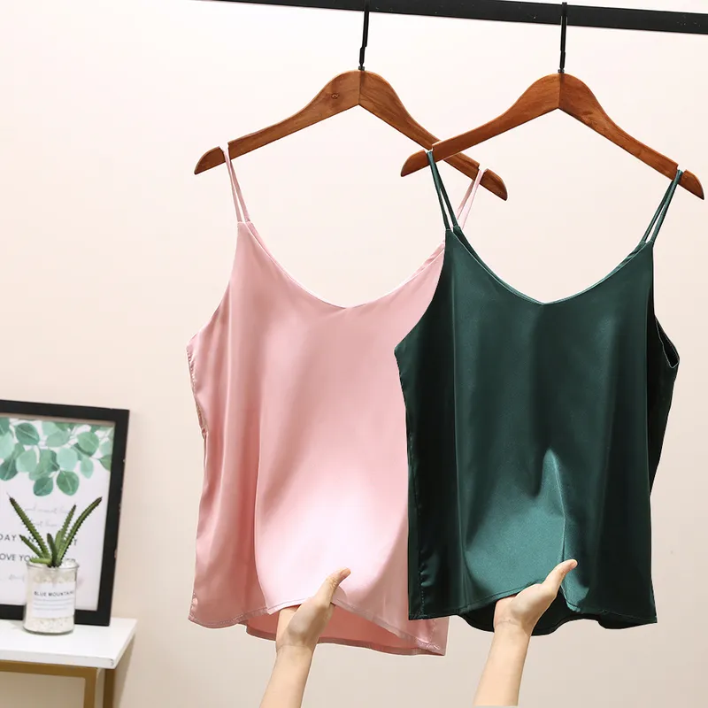 Zomer Sexy Crop Top Silk Dames Camis Satin Tank Vest Camisole Mouwloze S Roupas Femin Backped Top Vrouw 220325