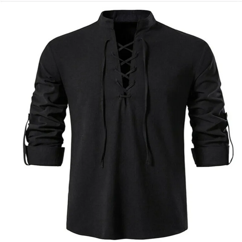 Mens Vneck shirt Tshirt Fashion Vintage Thin Long Sleeve Top men Casual Breathable Viking Front Lace Up man Shirts 220815