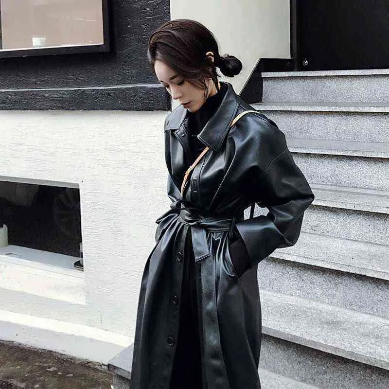 Nieuwe Koreaanse PU Trench Women Mode losse dunne lange mouwen jassen vrouw herfst Long Leather Jacket L220728