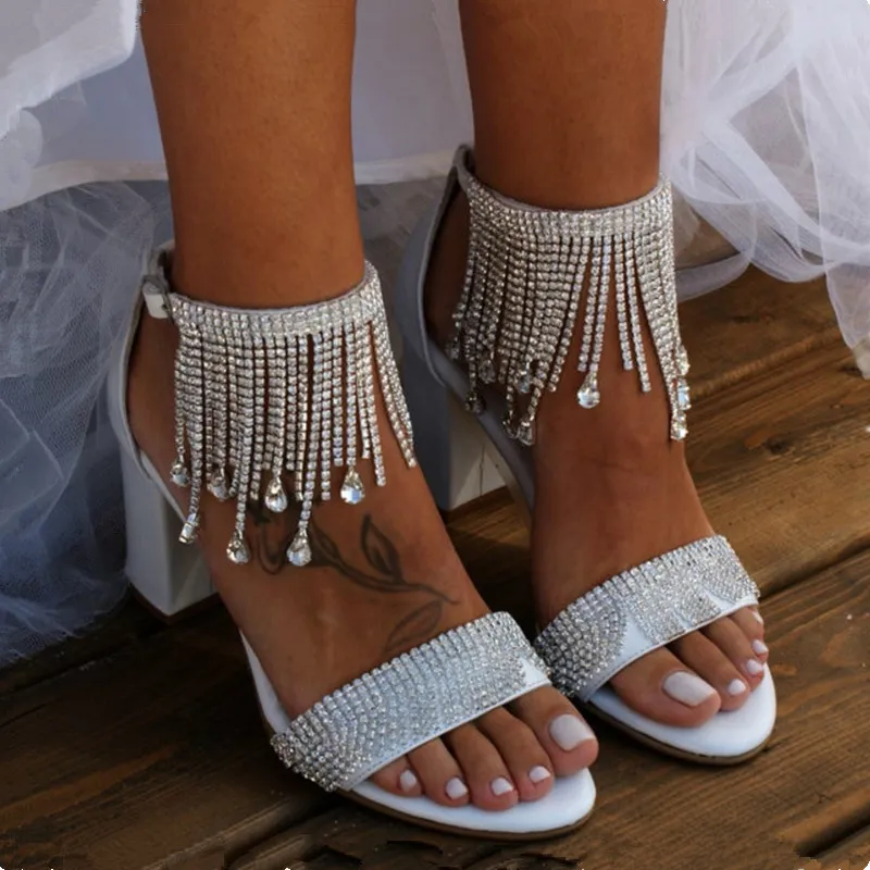 Block Heels Sparkle Crystals Tassel Wedding Shoes for Bride High Heel Open Toe Bridal Party Dress Sandals Women Shoes CL0454