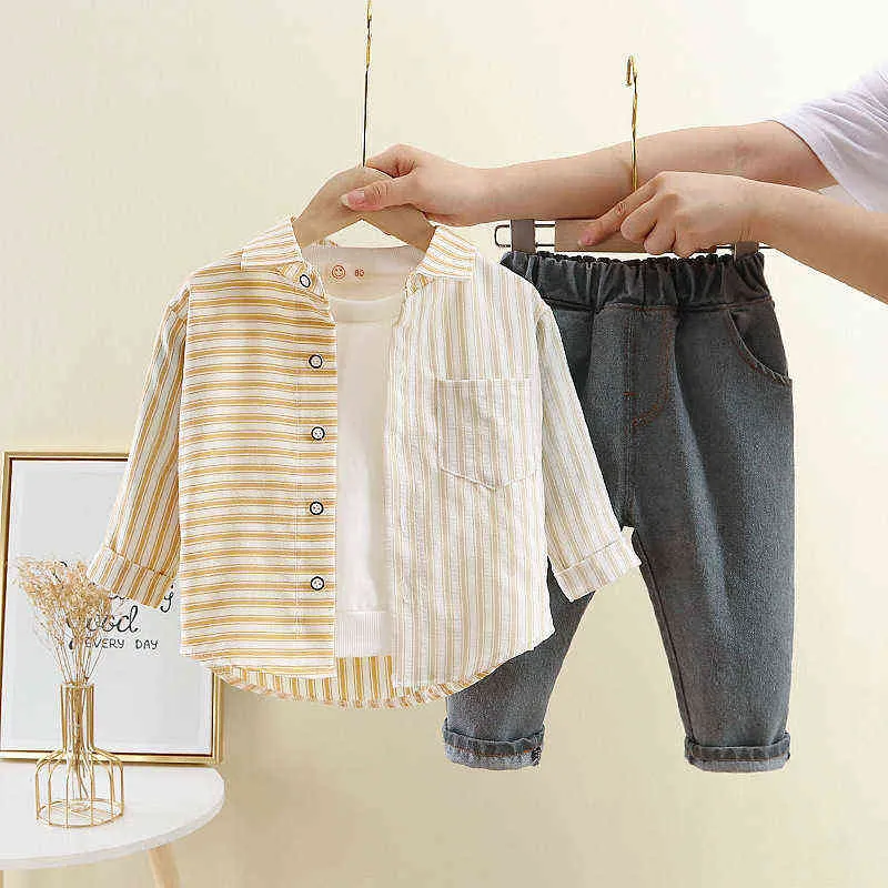 Baby Boys Handsome Fashion Clothing Sets New Spring Autumn Children Stripe Long Sleeve Shirt Jeans Infant Casual Clothes Suits G220509