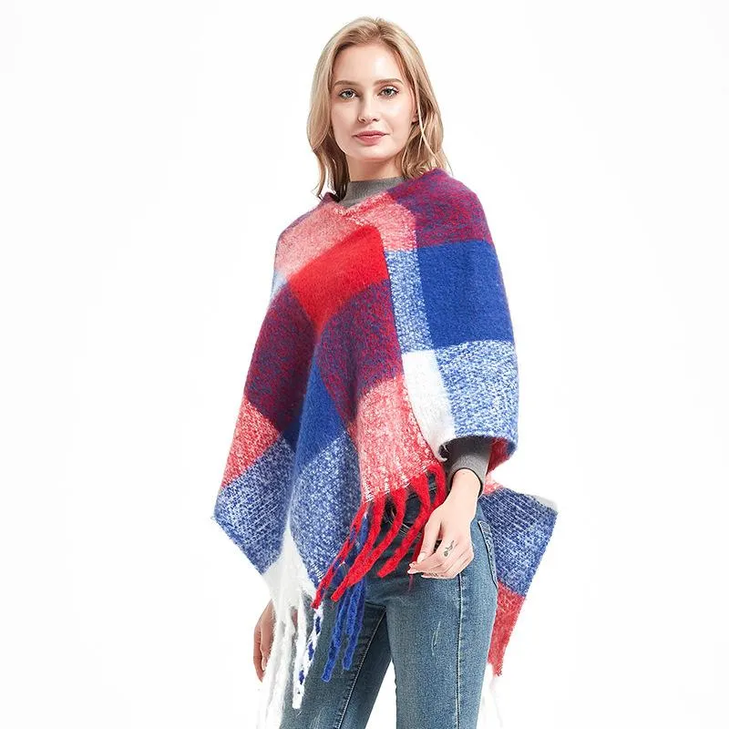 スカーフデザイナーの女性冬の格子縞のポンチョスクエアパシュミナバンダナカシミア厚い毛布編み暖かい柔らかいショールとラップスカル246E