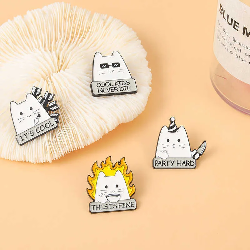 Cute white cat gets hit by an arrow, plays handsome brooch with a knife, clothing accessories, metal badges and funny buttons
