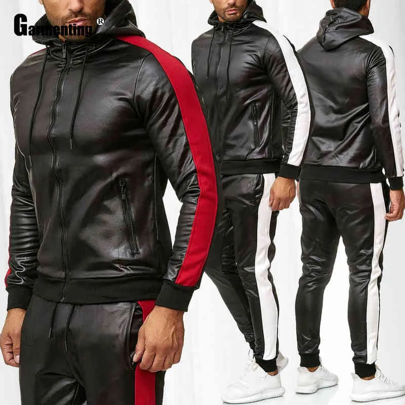 Plaggning av faux pu läder män set punk stil ny trend 2020 hoodie tracksuit lapptäcke dragkedja män två stycken kläder ropa hombre g1217