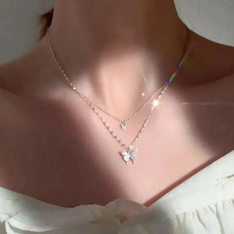 Dubbellaagse diamanten vlinderketting Japan en Zuid-Korea lente en zomer nieuwe trendy ketting vrouwelijke ins Korea wild 1998926