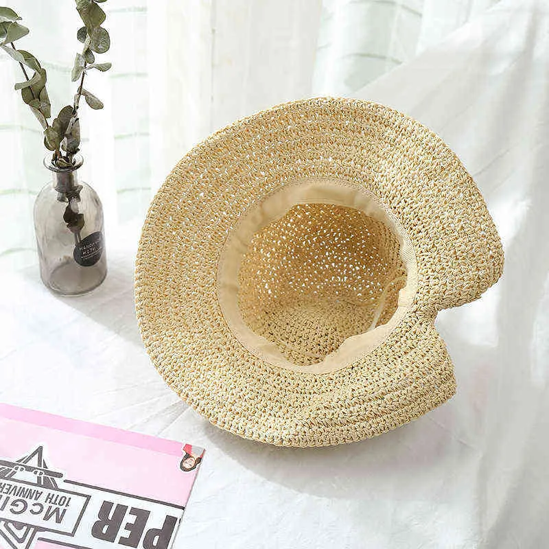 Femmes Chapeau de paille 2022 Été Tricot Weave Cap Beach Style Sweet Sun Chapeaux Style coréen Échantillon élégant avec nœud large chapeau G220301