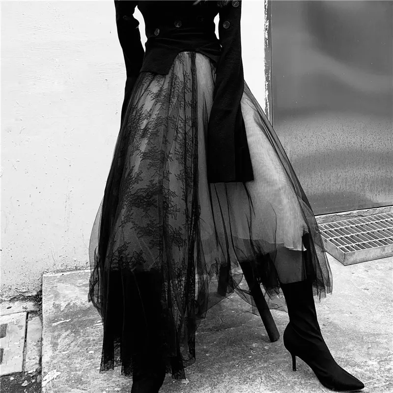 Maxi lång lyxig mjuk tyll kjol spetsstitching gotisk vit svart veckade tutu kjolar vintage petticoat lange rok jupes 220527