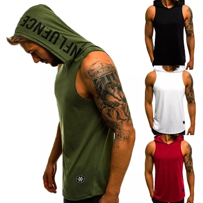 Men Hoodies Tank Top Sleeveless Muscle Gym Sport Slim Vest Bodybuilding Hooded Hip Hop Streetwear Workout Elastic 220624