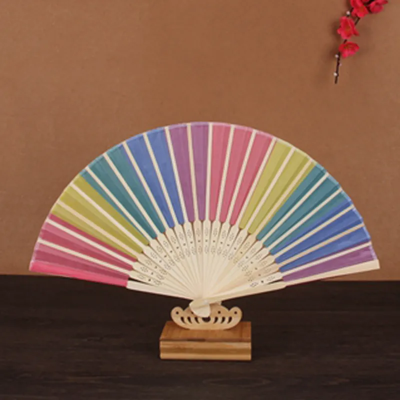 Rainbow Folding Fan Crafts Bamboo Silk Cloth Fans Festival Decoration Stage Performance Dance Fan